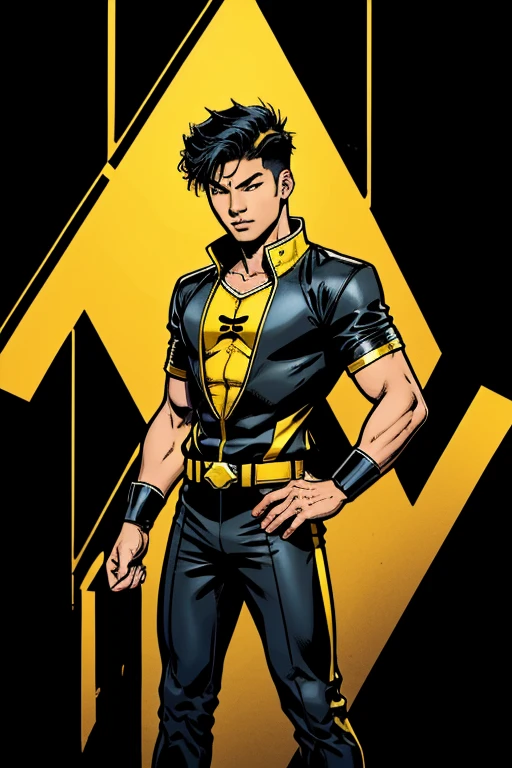 asian teen guy with a black and yellow hero costume with an X on the chest