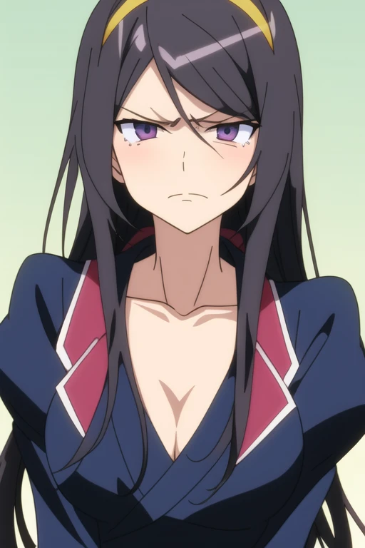 Anime sister with long hair and dark eyes with a scowl