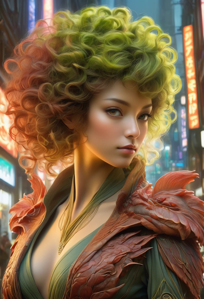 best quality,4k,8k,highres,masterpiece:1.2,ultra-detailed,realistic:1.37,HDR,UHD,studio lighting,ultra-fine painting,sharp focus,physically-based rendering,(Yoshitaka Amano style:1.1),SFW,(safe for work), An italian woman and her guardian familiar, mystical creature,otherworldly creature,kaiju-like,enchanting companions,wearing stylish futuristic clothes,inspired by Phantasy Star Online, dynamic poses, (The woman, with her eyes brightly colored, no makeup and her italian facial features elegantly detailed, adding to her allure. Dressed in elegant casual clothes with a stylish futuristic jacket.),(She has beautiful short curly hair), (She is accompanied by a guardian, a mixture of carnivorous plant and kraken with exquisite appearance features. The creature's presence adds a sense of wonder and magic to the scene.), (The woman and her companion stand in a dark and gothic city, a modern metropolis with exotic alien plants, and vibrant signs. The colors are vibrant, with a mixture of olive, browns, and pale reds creating a dreamlike atmosphere.), (The lighting is soft but illuminating, casting a gentle glow on both the woman and the creature.), (The overall composition has a realistic and photorealistic quality, capturing the essence of the scene in intricate detail.), (The art style is inspired by Yoshitaka Amano, known for his ethereal and otherworldly illustrations. The combination of realistic elements with the artist's unique style creates a captivating and visually stunning image.),Greg Rutkowski
