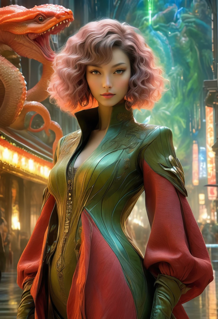 best quality,4k,8k,highres,masterpiece:1.2,ultra-detailed,realistic:1.37,HDR,UHD,studio lighting,ultra-fine painting,sharp focus,physically-based rendering,(Yoshitaka Amano style:1.1),SFW,(safe for work), An italian woman and her guardian familiar, mystical creature,otherworldly creature,kaiju-like,enchanting companions,wearing stylish futuristic clothes,inspired by Phantasy Star Online, dynamic poses, (The woman, with her eyes brightly colored, no makeup and her italian facial features elegantly detailed, adding to her allure. Dressed in elegant casual clothes with a stylish futuristic jacket.),(She has beautiful short curly hair), (She is accompanied by a guardian, a mixture of carnivorous plant and kraken with exquisite appearance features. The creature's presence adds a sense of wonder and magic to the scene.), (The woman and her companion stand in a dark and gothic city, a modern metropolis with exotic alien plants, and vibrant signs. The colors are vibrant, with a mixture of olive, browns, and pale reds creating a dreamlike atmosphere.), (The lighting is soft but illuminating, casting a gentle glow on both the woman and the creature.), (The overall composition has a realistic and photorealistic quality, capturing the essence of the scene in intricate detail.), (The art style is inspired by Yoshitaka Amano, known for his ethereal and otherworldly illustrations. The combination of realistic elements with the artist's unique style creates a captivating and visually stunning image.),Greg Rutkowski