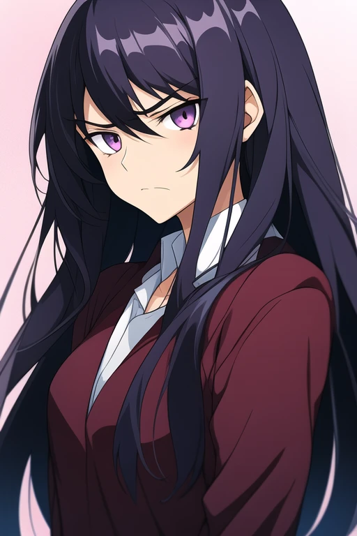 Anime sister with long hair and dark eyes with a scowl