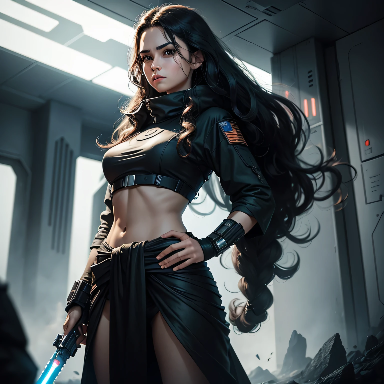 Big black eyes gleaming with an otherworldly aura, long, hellbraun gewellte (wavy) hair that cascaded down to their waist, clad in a belly-free military outfit, the Science-Fiction style enhancing the futuristic feel, impressive quality exuding from every detail, the atmosphere heavy with the looming threat of war, a lone Jedi stood firm against the Dark Side, lightsaber ignited, ready to defend in this stunning Starwars art.