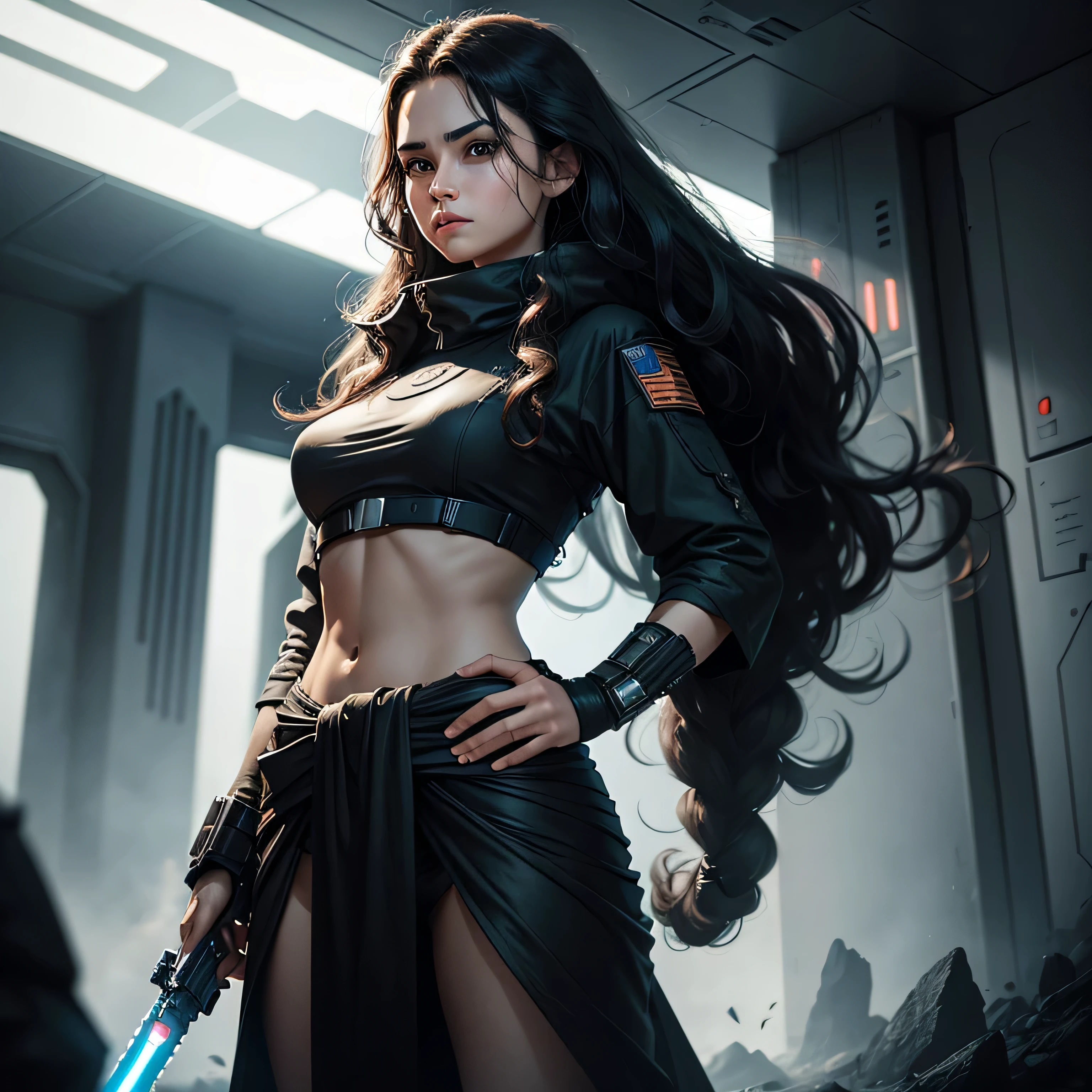 Big black eyes gleaming with an otherworldly aura, long, hellbraun gewellte (wavy) hair that cascaded down to their waist, clad in a belly-free military outfit, the Science-Fiction style enhancing the futuristic feel, impressive quality exuding from every detail, the atmosphere heavy with the looming threat of war, a lone Jedi stood firm against the Dark Side, lightsaber ignited, ready to defend in this stunning Starwars art.