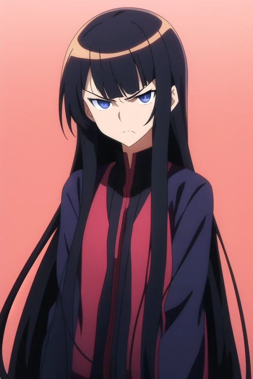 Anime sister with long hair and dark eyes with a scowl