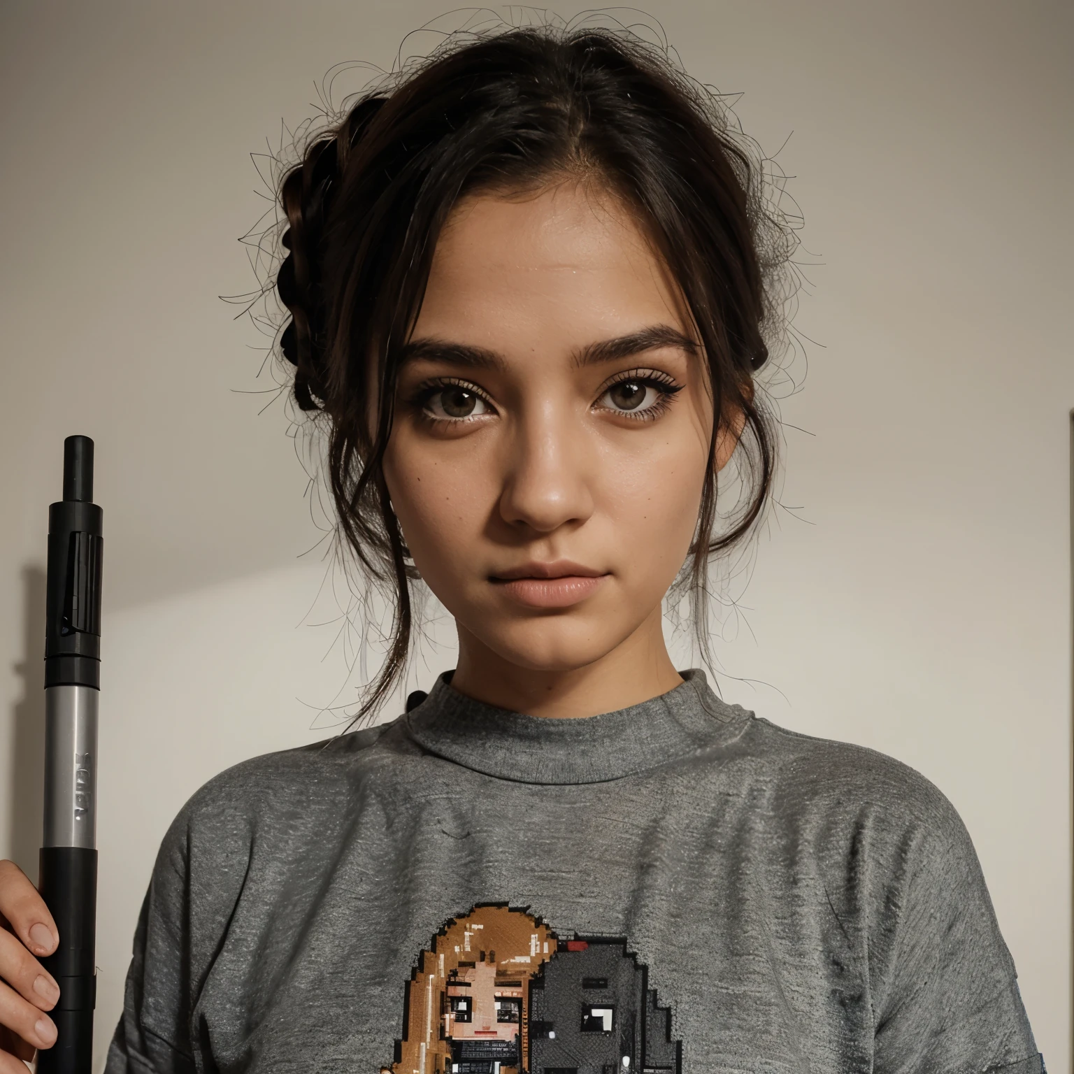 Uma mulher loira com olhos castanhos desenho pixel de como moletom preto e rosa