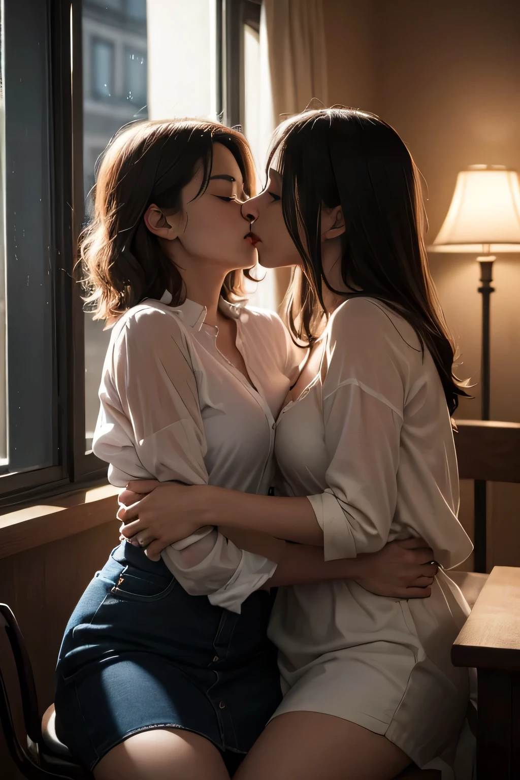 Amazing portrait of two lesbians aggressively making out passionately with their lips touching as they're hugging tight and kissing passionately and erotically with one sitting on the other's lap on a chair near a window as it's raining outside during night time in a dark room with one lamp giving off warm lighting