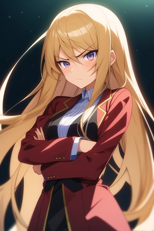 Anime sister with long hair and dark eyes with a scowl