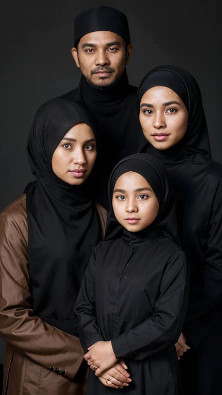 studio photo of a young family of 4 people, mother and father and children wear traditional Malay clothing, 30 year old father wears a black peci, 25 year old mother wears a hijab to match her clothes, daughter wears a hijab, 7 year old daears a hijab, Original photo, 4K, intricate detail, black background