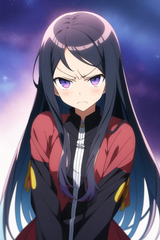 Anime sister with long hair and dark eyes with a scowl