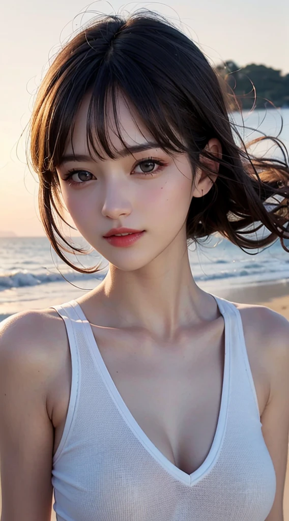 Mastepiece, highest quality, figure, Ultra high definition, Fine details, High resolution, 8k wallpaper, Perfect dynamic composition, Beautiful fine details, White tank top, Natural color lips, Beach, random cute pose, Perfect and beautiful face , cute, Sexy Face, The morning sun is dazzling, Beautiful female face