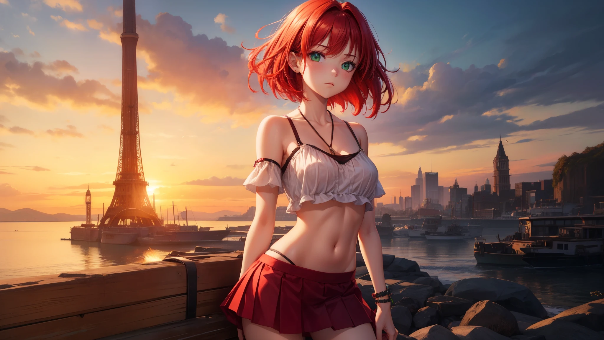 Best quality, ultra high resolution, 1 girl, Red hair, Green eyes, short and thin body, short top, neckline, skirt, ((shyexpression)),