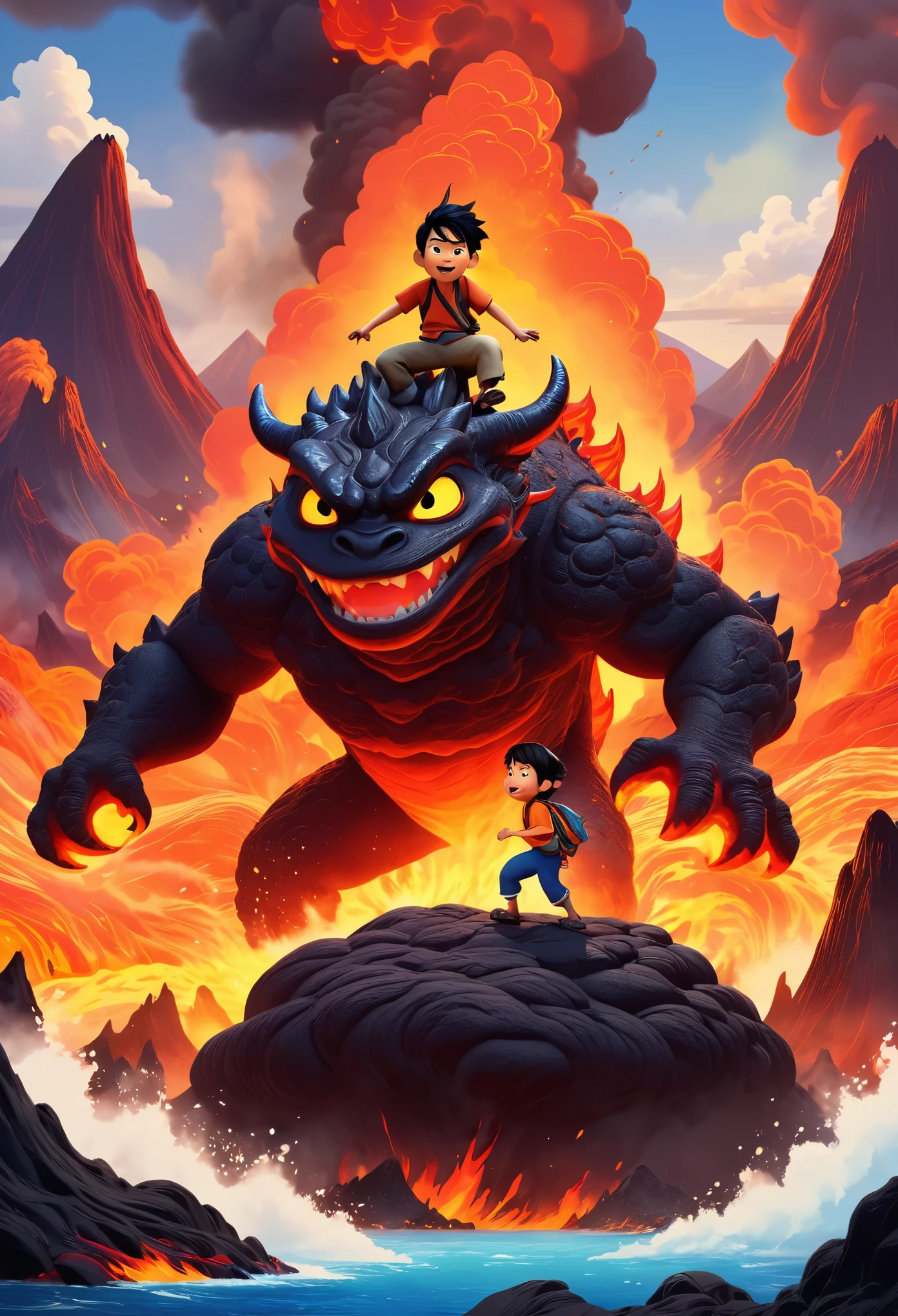 An animated scene of an Asian boy riding on the back of a giant Lava Demon, with fire and smoke billowing from its body. The background is set in volcanic landscapes with erupting volcanoes and flowing rivers. It's in the style of Pixar animation, showcasing vibrant colors and exaggerated expressions.