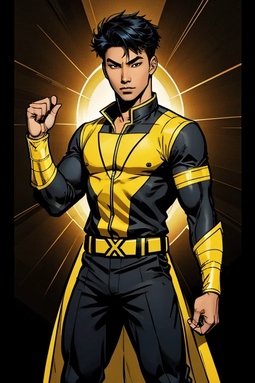 asian teen guy with a black and yellow hero costume with an X on the chest making a powerfull magic