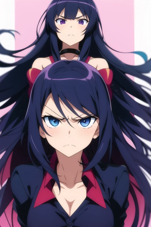 Anime sister with long hair and dark eyes with a scowl