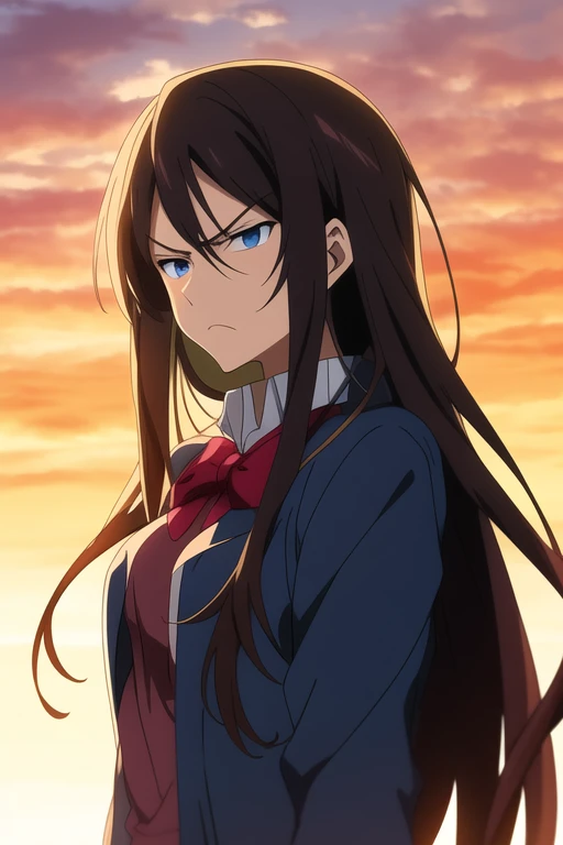 Anime older sister with long hair and dark eyes with a scowl