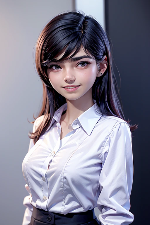 estilo 3DMM,
1 chica, blue_eyes, hen, Largo_cabello, mirando_en_espectador, ombligo, rosa_cabello, camisa, corto_mangas, cortos, simple_Fondo, sonrisa, solo, dos colas, blanco_Fondo, blanco_camisa