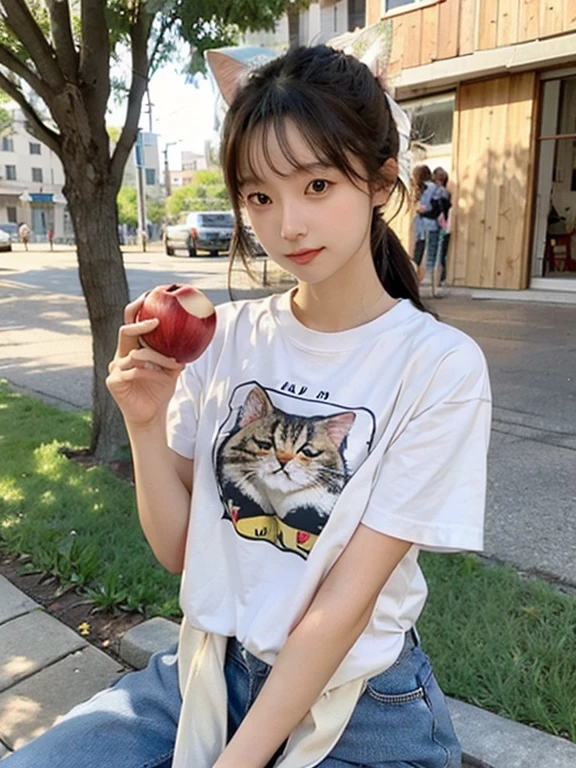 a large amount of apples, Cat耳の女の子, Cat耳, Cat,Ｔshirt,
