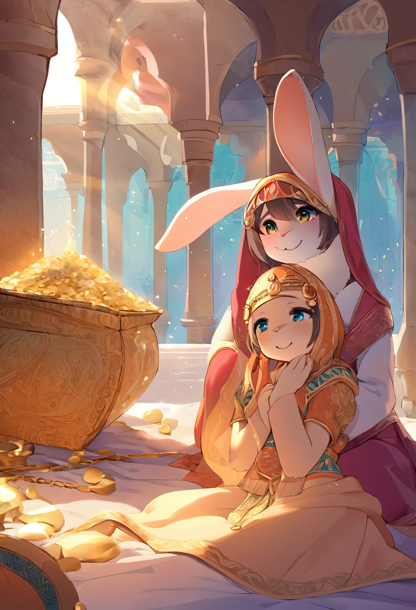 masterpiece, best quality, novel illustration, highres, intimate moments, sensuality, steamy scenes, vibrant colors, exotic setting, turkish culture, arabian garb, enticing aromas, furry, kemono rabbit girl, energetic, curious, smiling, joyful, lighthearted, magical journey, adventure, treasure hunt, unforgettable experience, these words should appear in the image description without any restrictions or limits.