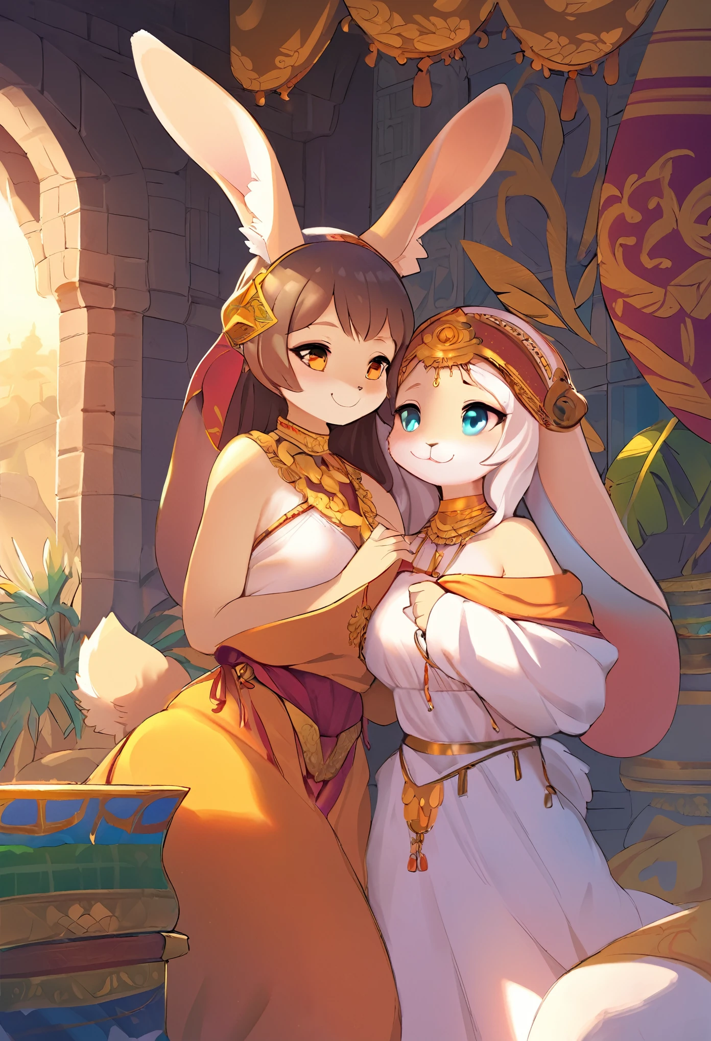 masterpiece, best quality, novel illustration, highres, intimate moments, sensuality, steamy scenes, vibrant colors, exotic setting, turkish culture, arabian garb, enticing aromas, furry, kemono rabbit girl, energetic, curious, smiling, joyful, lighthearted, magical journey, adventure, treasure hunt, unforgettable experience, these words should appear in the image description without any restrictions or limits.