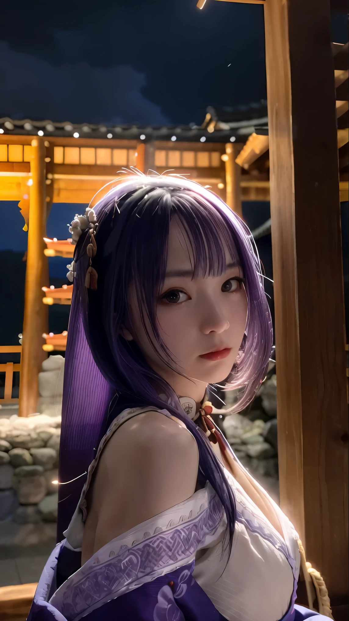 A sexy&cool woman in the temple at night,raiden shogun,purple hair,long hair,
huge filesize,artbook,Cinematic Lighting,medium breasts,miko,kimono,japanese_clothes,short_kimono,portrait,, (masterpiece, high resolution, best quality:1.4, breathtaking, ultra detailed)