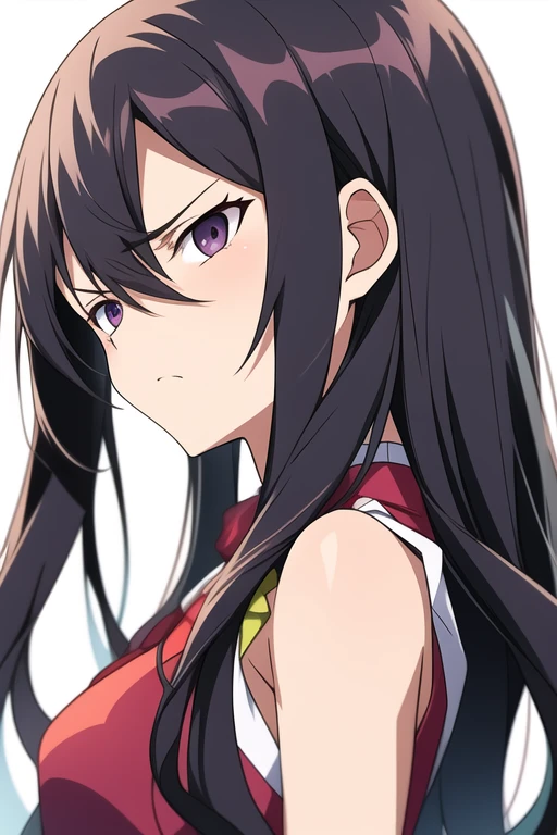 Anime older sister with long hair and dark eyes with a scowl