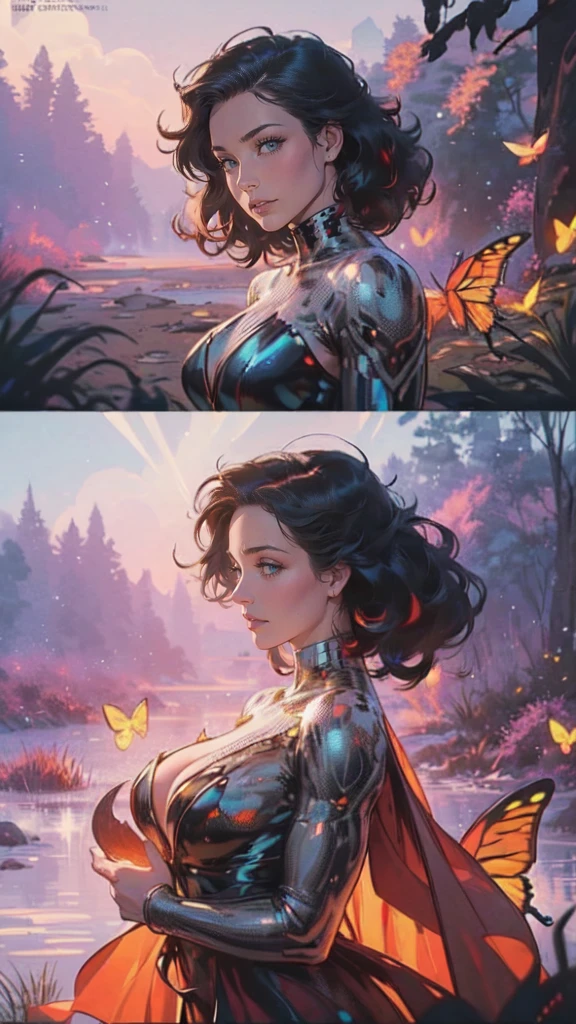 Beautiful dark haired woman covered entirely by millions of Monarch orange black and red butterflies like a second skin a gossamer dress that is almost part of her, covered in butterflies, as if they are coming out of her chest her heart, dappled sun beams through the pine fir forest, hyperdetailed, 64k resolution, Kodak resampled film grain,(((naturally interacting with the environment:1.5))),(((seamless:1.5))),((strong environmental light)),((hard shadows)),(merge realms of the extreme punk in a tapestry of dualities),enigmatic beings with ethereal silhouettes,digital dreamscape.Illuminate the scene with the pulse of a celestial bloom,(casting hues that bridge both cosmic and cybernetic realms).(Blend brushstrokes harmoniously),fusing elements of traditional artistry with glitched fragments of a pixelated mosaic.Embrace asymmetry,where the organic and the synthetic collide in a dynamic composition.(Infuse a shifting timeless vibrant palette).Integrate augmented reality surprises. 