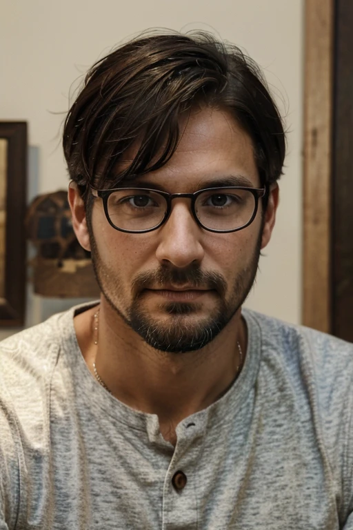 (best quality, masterpiece:1.2), man, 36 yo, with beard, dark-hair, with glasses, He looks directly into the camera