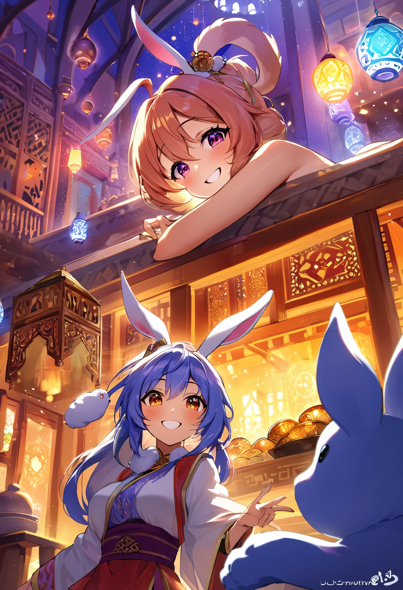 Dark Magician Girl、MKSKS style、3 people、(highly detailed back ground:1.0)、(highly detailed back ground:1.0)、masterpiece、top-quality、An ultra-high picture quality、16k、high-detail、Blue eyes、frombelow、Fold your hands in front of you、Have cotton candy、The upper part of the body、Looking back、Hair ornament with emerald、Reddish cheeks、a smile、(1/2 pink and 1/2 Light blue hair、rainbow-colored hair、Ahoge、Curly、Forehead)、(Colorful kimono with a lot of draping、Rainbow kimono:1.3、lightweight、Soft、Fluffy)、Silver necklace、Silver bracelet、(Ray-like pattern:1.4)、night sky full of stars、sparklers、omatsuri、natta、wakame、wakame、wakame、wakame、wakame、wakame、wakame、wakame、wakame、wakame、wakame、wakame、wakame、wakame --auto