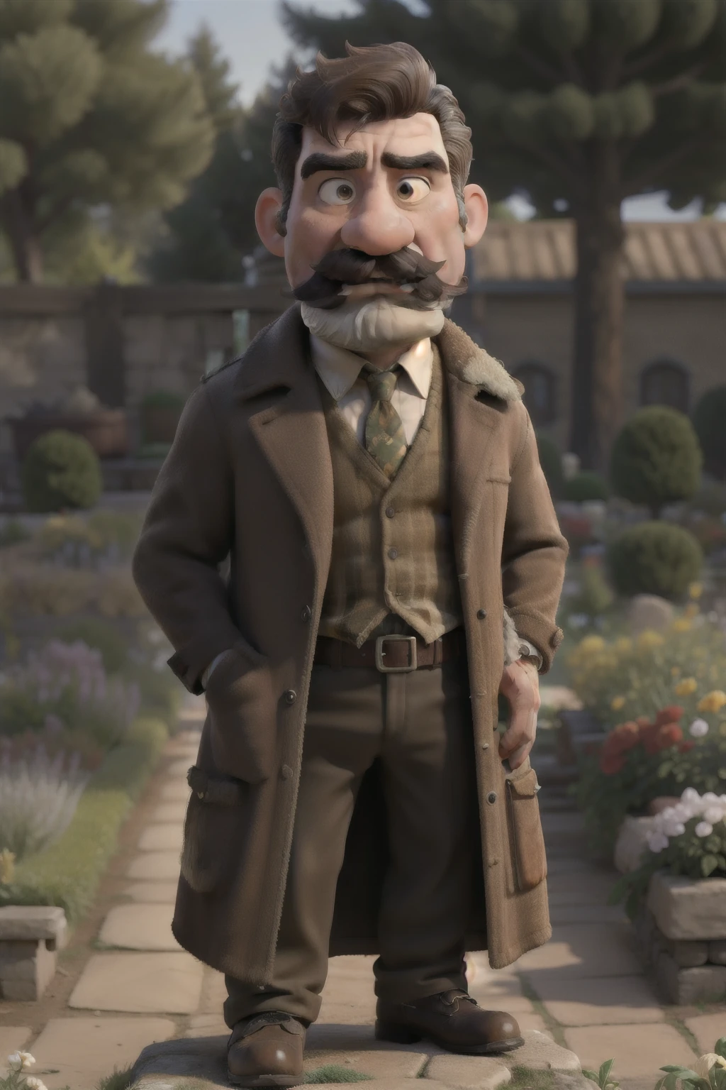 masterpiece, best quality, mustache and a moustache, masculine and rugged, angry man, wearing a coat, in garden