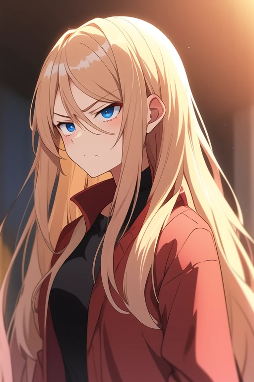 Anime older sister with long hair and dark eyes with a scowl