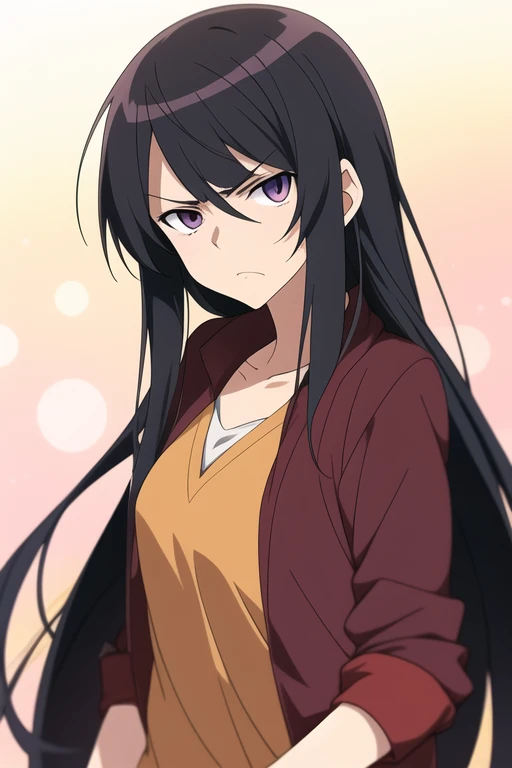 Anime older sister with long hair and dark eyes with a scowl