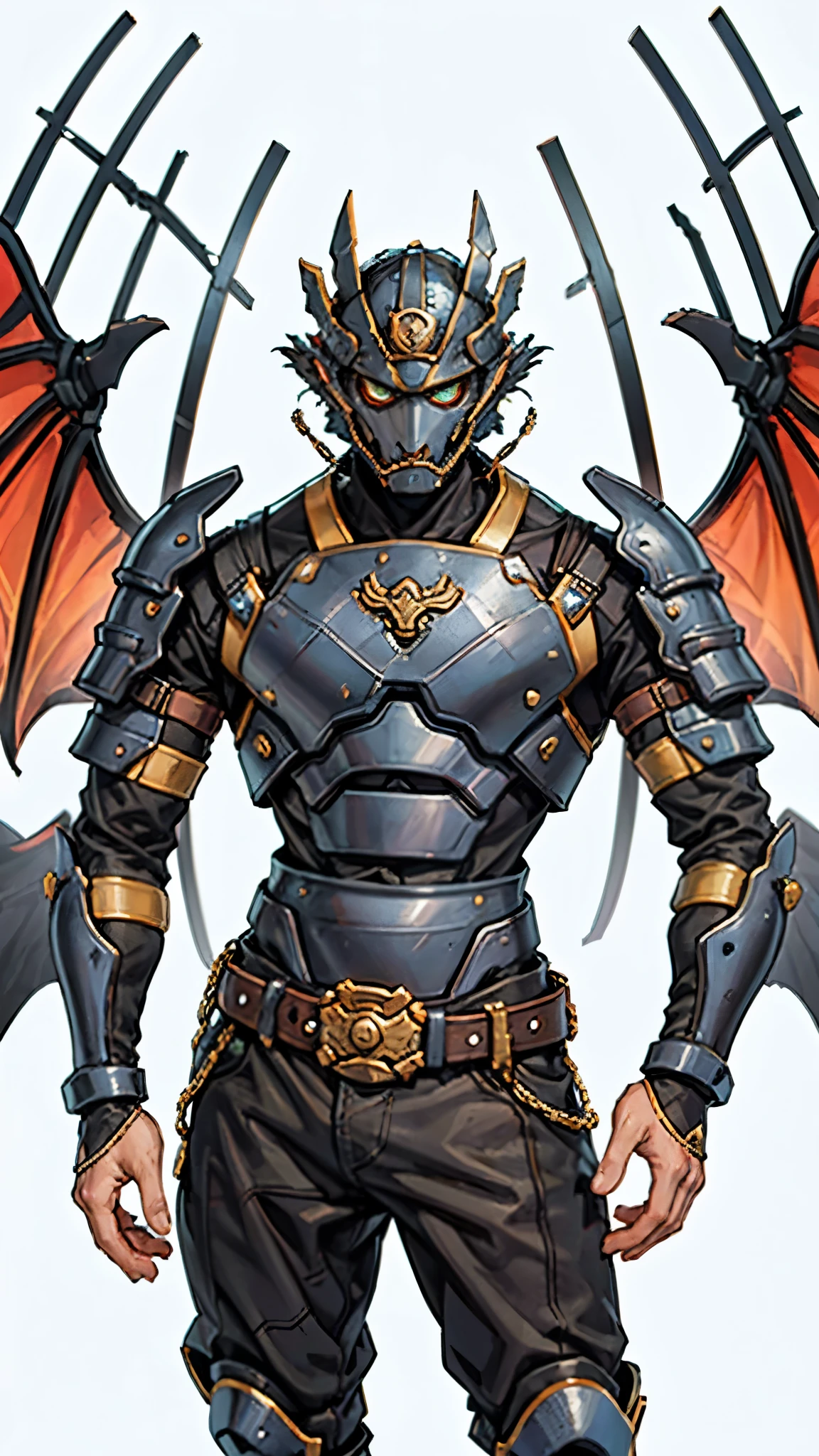 A man wearing a full-face helmet, a fantasy-style biomecha armored combat suit, green eyes, a composite layered chest armor, fully enclosed shoulder guards, matching arm and leg guards, the belt is adorned with dragon claw grasping orbs, primarily black with red accents, the design balances heavy with agility, a high-tech biological armor, concept inspired by dragons, stands on the skyscraper of a futuristic high-tech city, this character embodies a finely crafted fantasy-surreal style armored hero in anime style, exquisite and mature manga art style, ((male:1.5)), metallic, real texture material, dramatic, high definition, best quality, highres, ultra-detailed, ultra-fine painting, extremely delicate, professional, perfect body proportions, golden ratio, anatomically correct, symmetrical face, extremely detailed eyes and face, high quality eyes, creativity, RAW photo, UHD, 32k, Natural light, cinematic lighting, masterpiece-anatomy-perfect, masterpiece:1.5