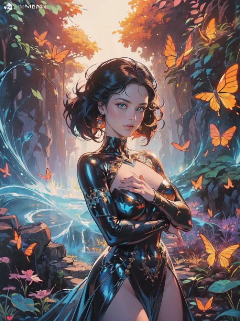 Beautiful dark haired woman covered entirely by millions of Monarch orange black and red butterflies like a second skin a gossamer dress that is almost part of her, covered in butterflies, as if they are coming out of her chest her heart, dappled sun beams through the pine fir forest, hyperdetailed, 64k resolution, Kodak resampled film grain,(((naturally interacting with the environment:1.5))),(((seamless:1.5))),((strong environmental light)),((hard shadows)),(merge realms of the extreme punk in a tapestry of dualities),enigmatic beings with ethereal silhouettes,digital dreamscape.Illuminate the scene with the pulse of a celestial bloom,(casting hues that bridge both cosmic and cybernetic realms).(Blend brushstrokes harmoniously),fusing elements of traditional artistry with glitched fragments of a pixelated mosaic.Embrace asymmetry,where the organic and the synthetic collide in a dynamic composition.(Infuse a shifting timeless vibrant palette).Integrate augmented reality surprises.