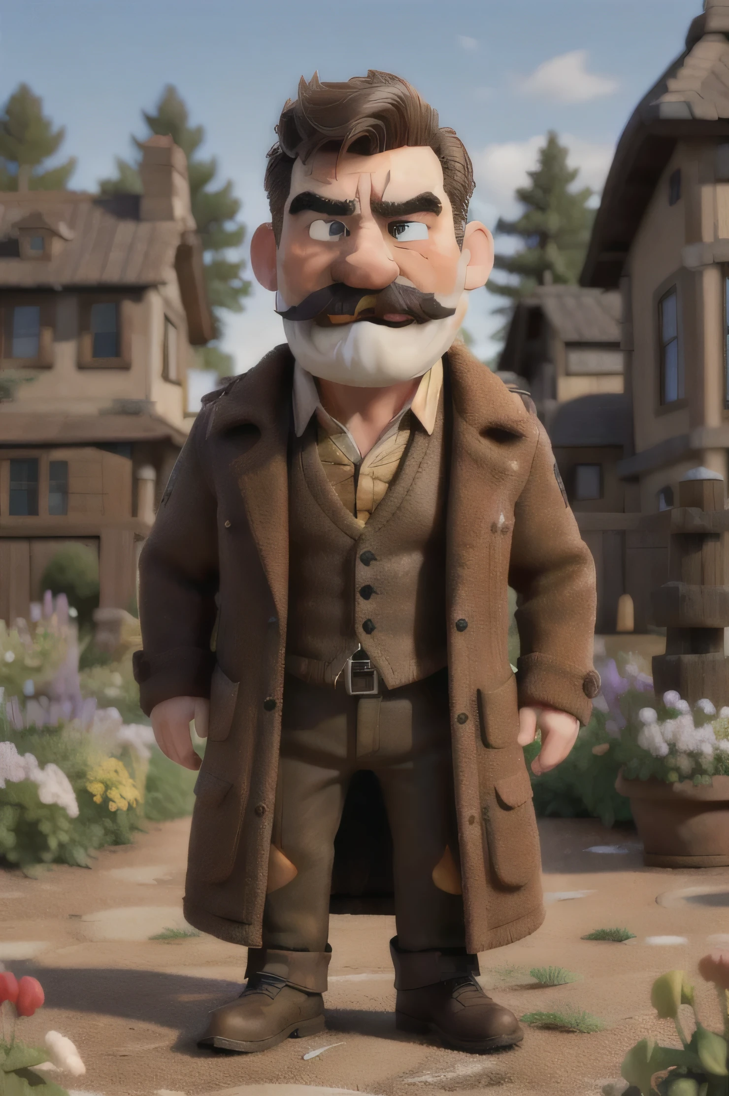 masterpiece, best quality, mustache and a moustache, masculine and rugged, angry man, wearing a coat, in garden