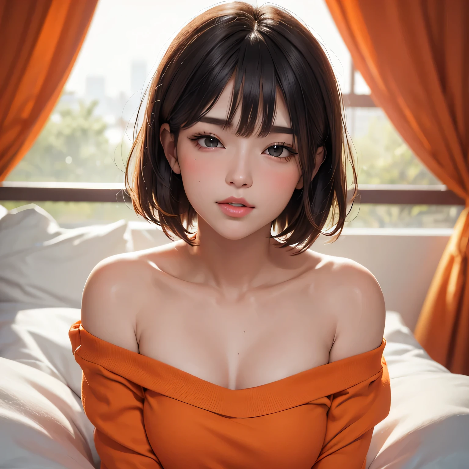 Amazing portrait of a sexy and cute girl with a short bob hairstyle and a seductive gaze who is blushing intensely with parted lips and is desperate and flustered and lustful wearing an off shoulder orange t shirt showcasing her bare shoulder while lying on bed