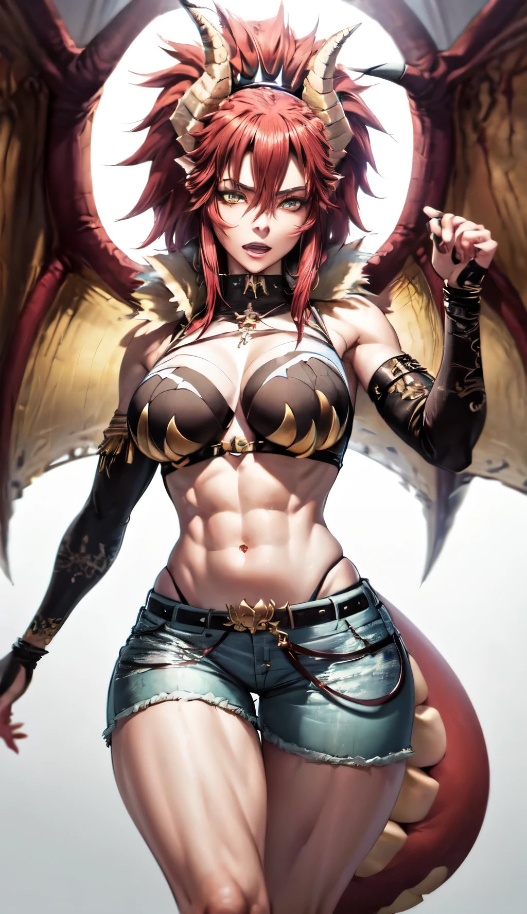 obra de arte, melhor qualidade, high resolution, soft lighting, melhor qualidade, hyper detailed medium breasts, maduro_mulheres, maduro_Female, 1 garota,
trato, Asas, chifres, Sozinho, Dragon girl, pele colorida, garota monstro, (escalas:1.5), dragon chifres, dragon Asas, ao ar livre, Shorts, corte superior,
ajoelhado,