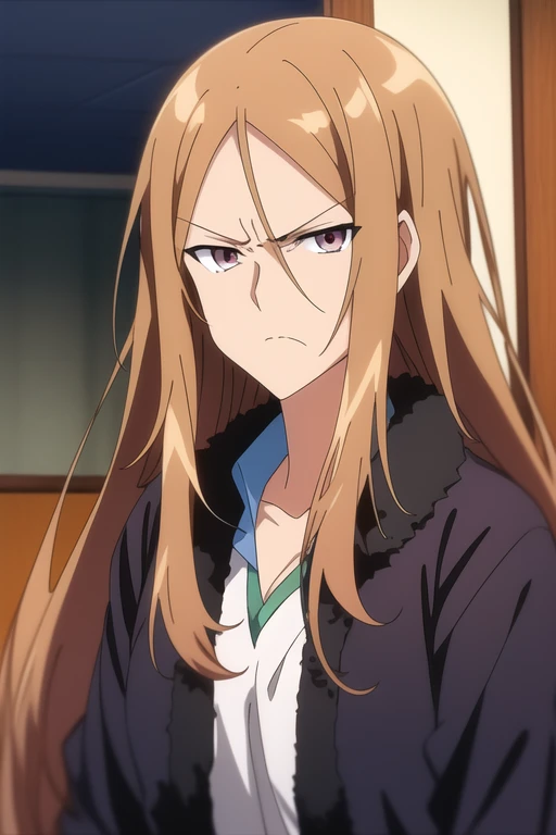 Anime older sister with long hair and dark eyes with a scowl