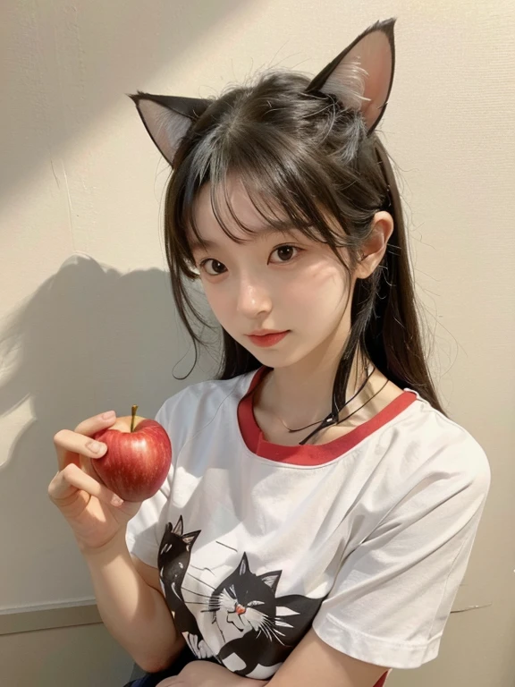 a large amount of apples, Cat耳の女の子, Cat耳, Cat,Ｔshirt,