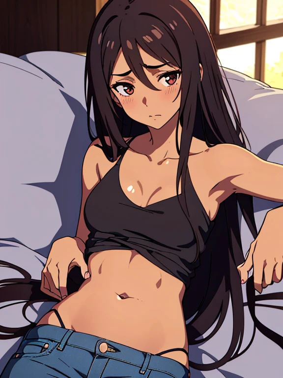 (detailed), perfect face, brown skin anime woman in a deep V-neck tied top, (bare shoulders), (jeans), (long hair), starving, (resting hands on the stomach), (hands on the stomach), (slim woman), (smooth and shiny skin), worried, light blush, lying down, ((best quality)), ((masterpiece))