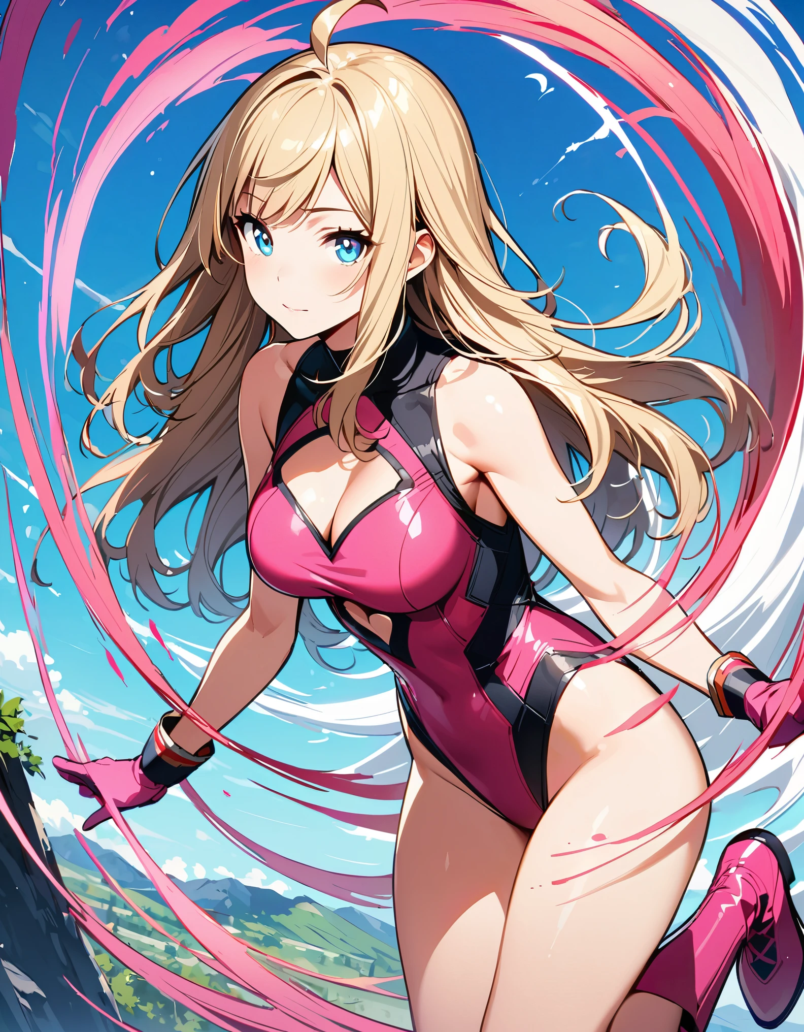 ((masterpiece)), ((best quality)), ((high res)), 1girl, solo, solo focus. (leotard, matching leotard, solid pink leotard, sleeveless), (cleavage heart cutout), (bare legs). pink gloves. pink footwear, knee boots, matching boots. looking at the viewer, blue sky backdrop. hand, perfect hands, complete fingers, perfect anatomy, medium breasts. (blonde hair, long hair, mid-length hair, hair down, bangs), blue eyes, beautiful detailed eyes, beautiful detailed face, cute face. superhero, heroic, outstretched arms. standing. ahoge. spins in place like a tornado. she spins at an incredible speed, creating a whirlwind of air around her. spiral lines around her body, cyclone winds around, tornado spinning. speed lines. full body with costume. only five fingers.