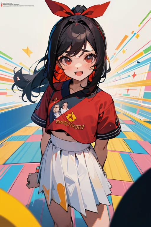 26 year old adult, Cabello  ondulado, mirada penetrante con ojos profundos de color rojo, estatura promedio, Silky hair with a ponytail hairstyle collected with a red bow with two white lines, tiene pechos, copa de pechos a, small breasts, delgada, primer plano, Session, standing in the middle of his room [[[[Excitada]]]] Muy emocionada, sonriendo hasta mas no poder, movimientos corporales de felicidad, excitada, euphoric 