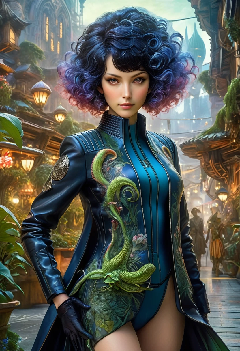 best quality,4k,8k,highres,masterpiece:1.2,ultra-detailed,realistic:1.37,HDR,UHD,studio lighting,ultra-fine painting,sharp focus,physically-based rendering,(Yoshitaka Amano style:1.1),SFW,(safe for work), An italian woman and her guardian familiar, mystical creature,otherworldly creature,enchanting companions,wearing stylish futuristic clothes,inspired by Phantasy Star Online, dynamic poses, (The woman, with her eyes brightly colored, no makeup and her italian facial features elegantly detailed, adding to her allure. Dressed in elegant casual clothes with a stylish futuristic jacket.),(She has beautiful short curly black hair), (She is accompanied by a guardian, a vegetal creature with exquisite carnivorous plant features resembling a kraken. The creature's presence adds a sense of wonder and magic to the scene.), (The woman and her companion stand in a dark and gothic city, a modern metropolis with exotic alien plants, and vibrant signs. The colors are vibrant, with a mixture of dark blues, olive, and pale reds creating a dreamlike atmosphere.), (The lighting is soft but illuminating, casting a gentle glow on both the woman and the creature.), (The overall composition has a realistic and photorealistic quality, capturing the essence of the scene in intricate detail.), (The art style is inspired by Yoshitaka Amano, known for his ethereal and otherworldly illustrations. The combination of realistic elements with the artist's unique style creates a captivating and visually stunning image.),Greg Rutkowski