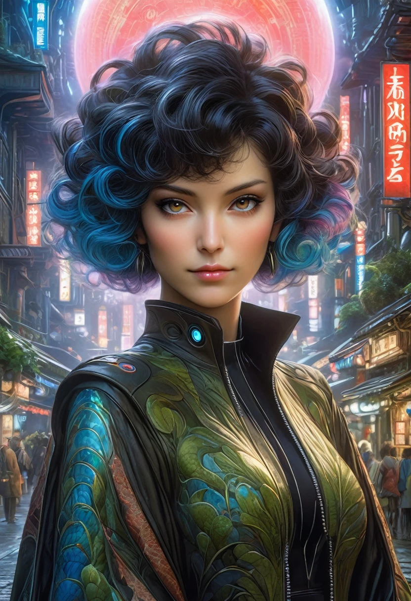 best quality,4k,8k,highres,masterpiece:1.2,ultra-detailed,realistic:1.37,HDR,UHD,studio lighting,ultra-fine painting,sharp focus,physically-based rendering,(Yoshitaka Amano style:1.1),SFW,(safe for work), An italian woman and her guardian familiar, mystical creature,otherworldly creature,enchanting companions,wearing stylish futuristic clothes,inspired by Phantasy Star Online, dynamic poses, (The woman, with her eyes brightly colored, no makeup and her italian facial features elegantly detailed, adding to her allure. Dressed in elegant casual clothes with a stylish futuristic jacket.),(She has beautiful short curly black hair), (She is accompanied by a guardian, a vegetal creature with exquisite carnivorous plant features resembling a kraken. The creature's presence adds a sense of wonder and magic to the scene.), (The woman and her companion stand in a dark and gothic city, a modern metropolis with exotic alien plants, and vibrant signs. The colors are vibrant, with a mixture of dark blues, olive, and pale reds creating a dreamlike atmosphere.), (The lighting is soft but illuminating, casting a gentle glow on both the woman and the creature.), (The overall composition has a realistic and photorealistic quality, capturing the essence of the scene in intricate detail.), (The art style is inspired by Yoshitaka Amano, known for his ethereal and otherworldly illustrations. The combination of realistic elements with the artist's unique style creates a captivating and visually stunning image.),Greg Rutkowski