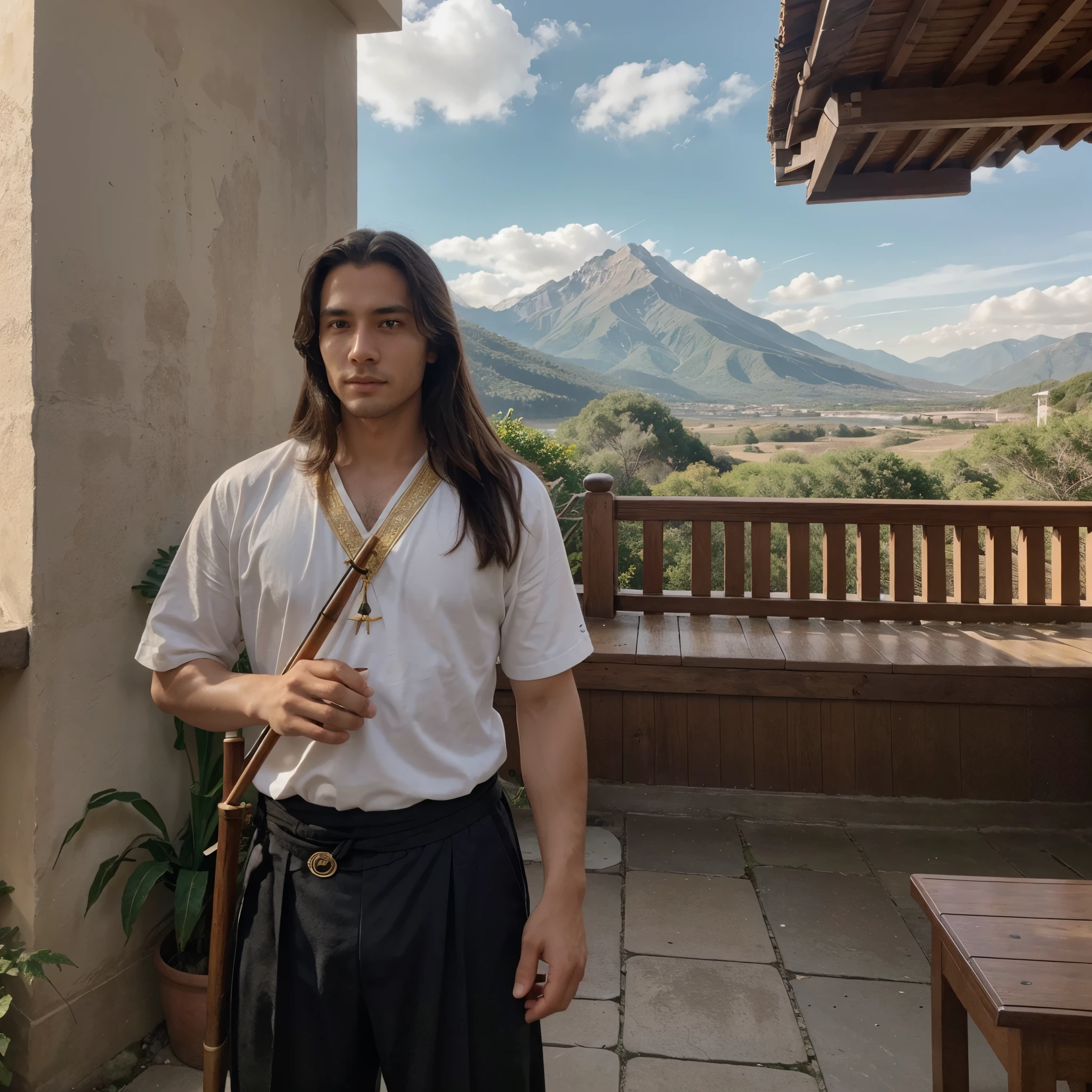 , , He is a young Taoist with long European hair and face..., , Estaba jugando con un erhu en la mano.. Estaba jugando con un erhu en la mano.., , He is very handsome., , Llevaba una armadura de cuero.., , el es un bardo., , el es un bardo., , el es un bardo., , The background behind it is a mountain., y el fondo es oro puro, no blanco.,