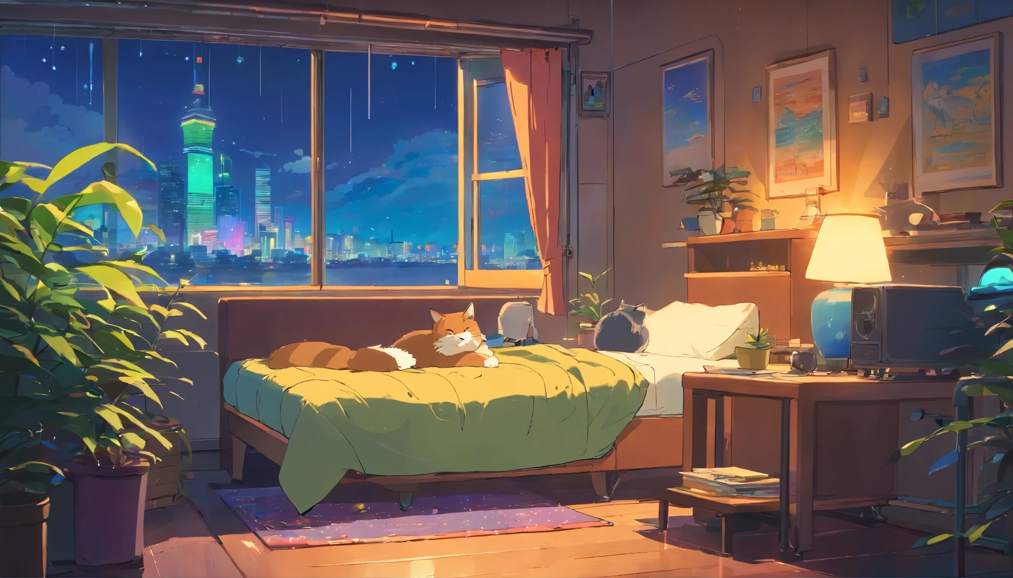 1 cat sleeping peacefully in the cozy room that has big wide window, city visible in the window, night time dreaming, night lights, Neon landscape on a rainy day, Analog Color Theme, Lo-Fi Hip Hop , retrospective, flat, 2.5D ,Draw a line, Ink Drawing, Large slope, Watercolor painting, Goosch Colors, Studio Ghibli Style, Awesome colorful, Outer Ton, krautrock, lofi art, 70s style,Old texture, amplitude,psychedelic vibe, masterpiece, Tremendous technology,