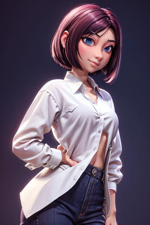 estilo 3DMM,
1 chica, blue_eyes, hen, Largo_cabello, mirando_en_espectador, ombligo, rosa_cabello, camisa, corto_mangas, cortos, simple_Fondo, sonrisa, solo, dos colas, blanco_Fondo, blanco_camisa