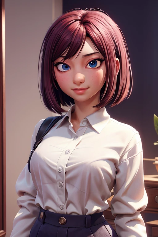estilo 3DMM,
1 chica, blue_eyes, hen, Largo_cabello, mirando_en_espectador, ombligo, rosa_cabello, camisa, corto_mangas, cortos, simple_Fondo, sonrisa, solo, dos colas, blanco_Fondo, blanco_camisa