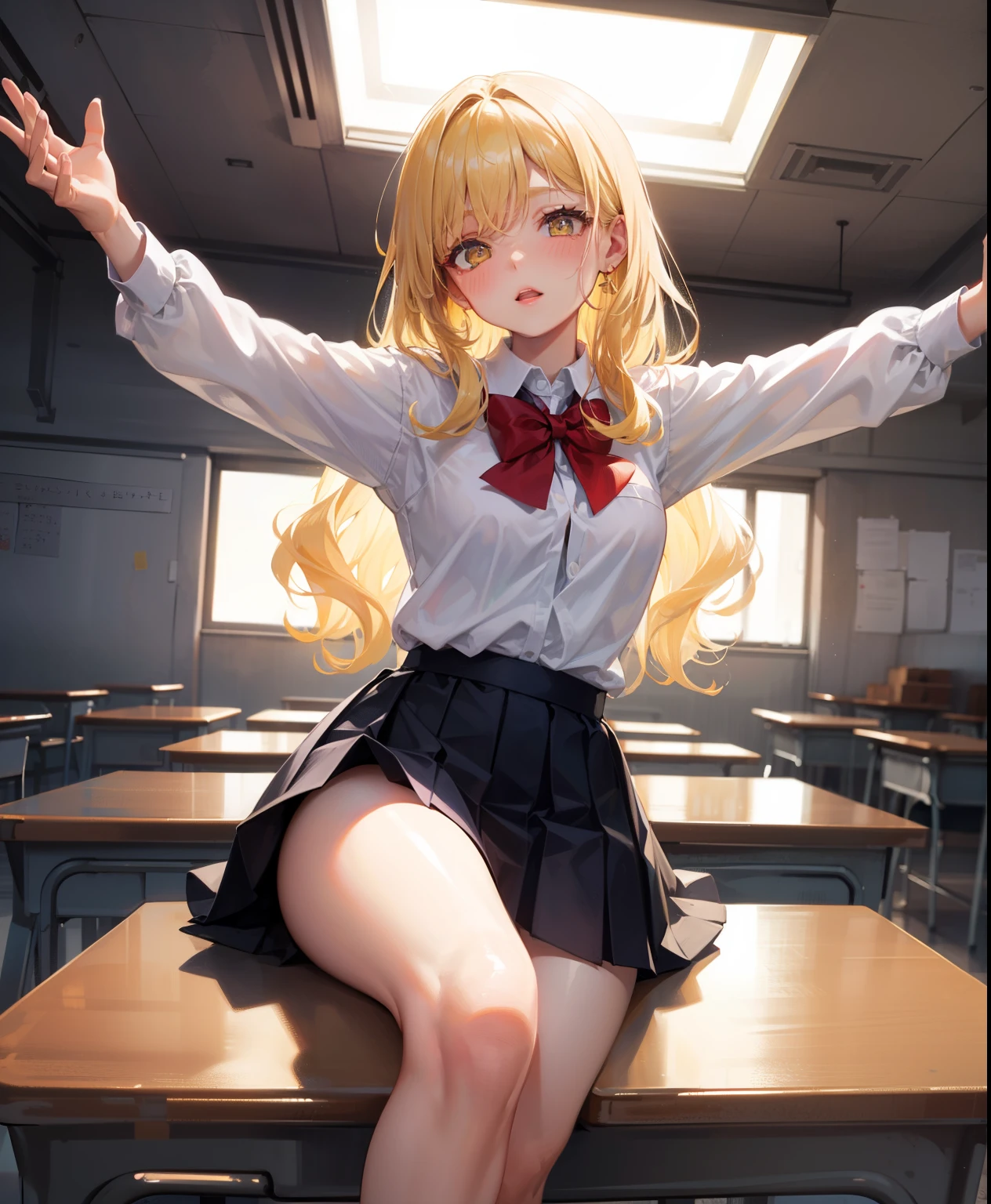 Dynamic posing, dynamic angle, Arrange pose,Top quality work,Show Legs,((short wavy Creamy Golden Blonde hair)),(Creamy Blonde hair),(short wavy hair),(golden eyes), lovely red lips, Rose cheeks, Pretty Face, A perfectly proportioned face, school shirt with red bow and black skirt, (school uniform), white stockings,in classroom,full-body view, amazing, Large round chest、Beautiful eye details、Beautiful eyelashes、beautiful double eyelid, with blush cheeks, talking to viewer