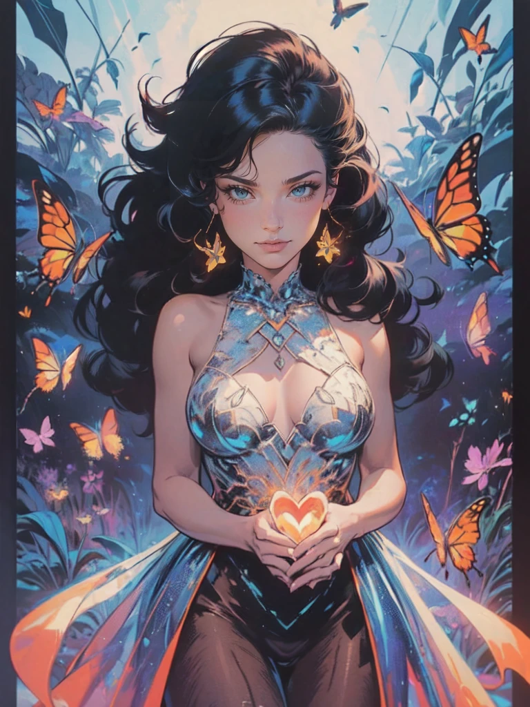 Beautiful dark haired woman covered entirely by millions of Monarch orange black and red butterflies like a second skin a gossamer dress that is almost part of her, covered in butterflies, as if they are coming out of her chest her heart, dappled sun beams through the pine fir forest, hyperdetailed, 64k resolution, Kodak resampled film grain,(((naturally interacting with the environment:1.5))),(((seamless:1.5))),((strong environmental light)),((hard shadows)),(merge realms of the extreme punk in a tapestry of dualities),enigmatic beings with ethereal silhouettes,digital dreamscape.Illuminate the scene with the pulse of a celestial bloom,(casting hues that bridge both cosmic and cybernetic realms).(Blend brushstrokes harmoniously),fusing elements of traditional artistry with glitched fragments of a pixelated mosaic.Embrace asymmetry,where the organic and the synthetic collide in a dynamic composition.(Infuse a shifting timeless vibrant palette).Integrate augmented reality surprises.