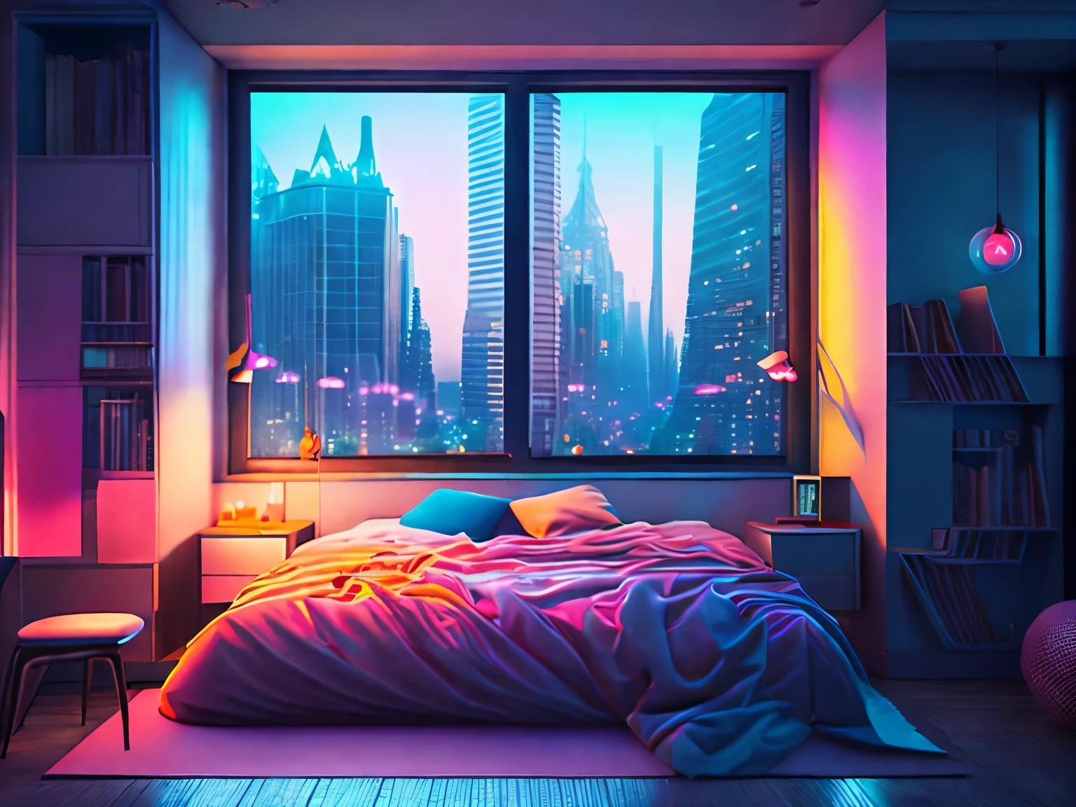 This a (((masterpiece))). Generate a cozy bedroom with a large window directly in front of the camera. The bedroom should be cool and peaceful, with retro furnishings and accessories. Through the window is brilliant cyberpunk city awash with neon light and blinking, colorful signs. It is nighttime, and the city is much brighter than the interior of the room. Contrast the peaceful interior of the bedroom with the busy, ultra-detailed cityscape seen through the window. The perspective of this artwork is from inside the bedroom looking out. 